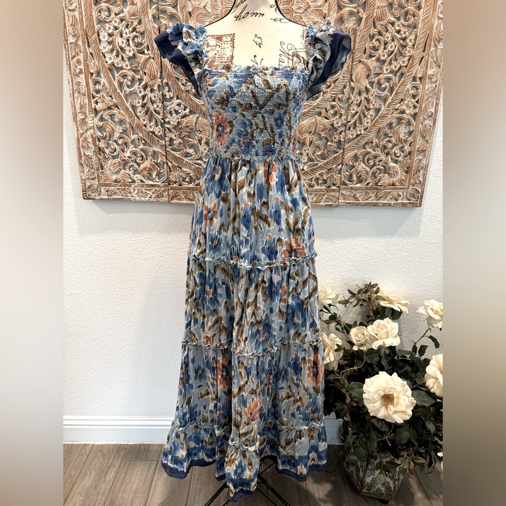 House of Harlow 1960 Zoey, Smocked Bust, Blue Floral Tiered Maxi Dress- size S